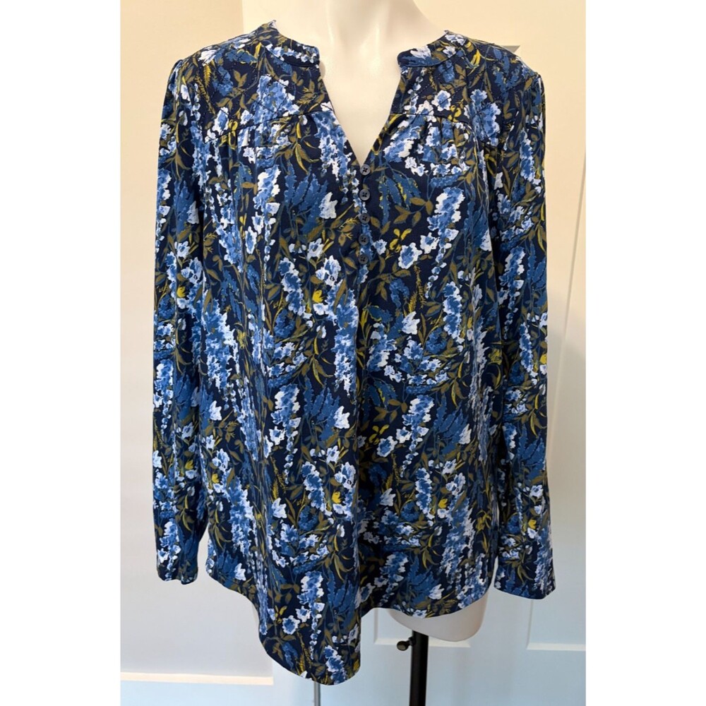 Lands End Womens Knit TOP Long Sleeve Blue Green Floral Size L 14-16
